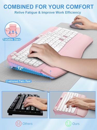 Hayyiesh Ergonomic Wave Keys Wireless Keyboard and Mouse Combo, Full Size with Memory Foam Wrist Rest & Phone Holder, 2.4G Cordless Set with USB-C Adapter for Windows Mac Desktop Laptop (Pink)