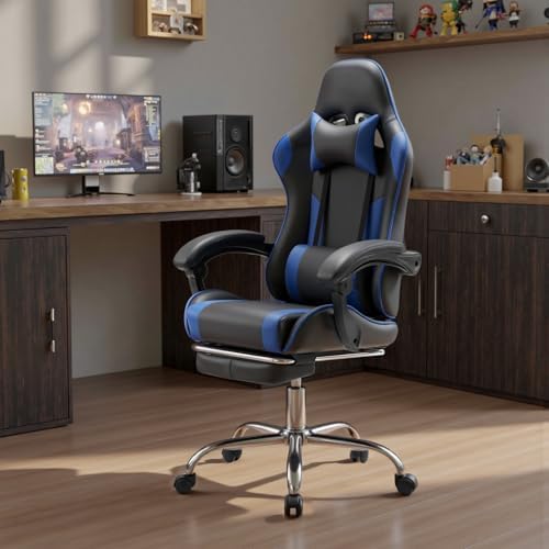 NEWBULIG Gaming Chair with Footrest – Ergonomic High-Back with Lumbar & Headrest Support, Comfy PU Leather Recliner with Linkage Armrests, Adjustable Height, 360° Swivel, Blue