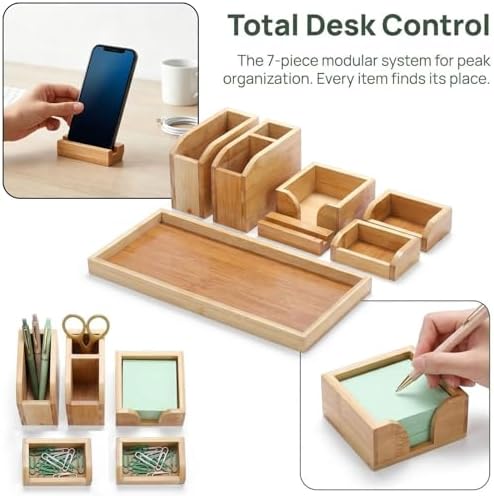 Cididu Bamboo Vanity Tray, 7 Pieces Adjustable Pen Holder Stationery Caddy