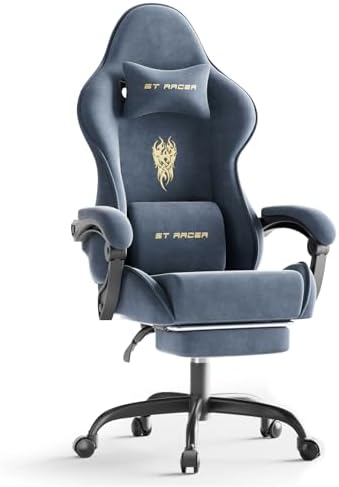 Ferghana Velvet Fabric Gaming Chair, High Back Ergonomic Gamer Chair for Adult, Comfortable Video Game Chair with Footrest and Massage Lumbar Cushion, Racing Reclining Office Computer Desk Chair Grey