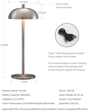 12" Cordless Table Lamps Set of 2, Nickel Modern Portable Desk Lamp