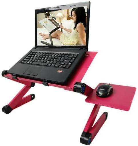 Adjustable Lap Laptop Computer Portable CPU Cooling Fan Ergonomic Vented Table Stand Desk Tray (480 * 260mm with Mouse Pad & Double Fans, Pink)