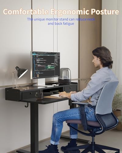 YIHAYO Electric Standing Desk with Drawers, 48 x 24 Inches Adjustable Desk with Storage Shelf, Stand Up Desk with Splice Board, Computer Table for Home Office, Black Frame/Black Top