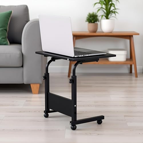 TV Tray Bed Side Table, Portable Rolling Desk Hospital Bed Laptop Table, Small Standing Desk with Wheels Adjustable Height for Sofa, Bedside, Tablet Use, Secure Non Tilt, 23.6" W, Black