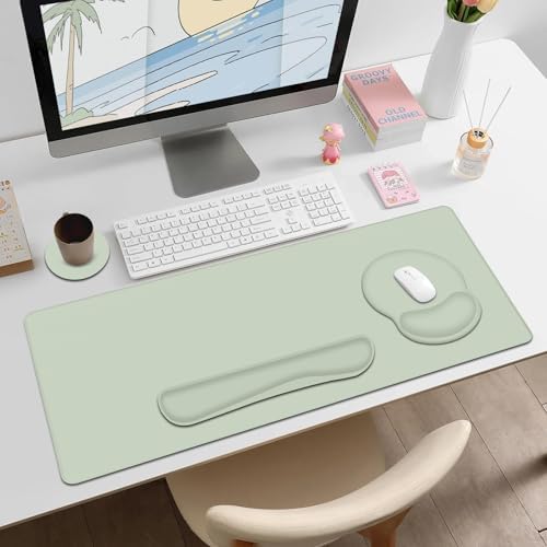 4 PCS Mouse Pad Desk Mat Protector, Keyboard Wrist Rest + Comfortable Mouse Pad with Wrist Rest +Coaster, Large Gaming Mousepad for Computer Laptop, 35.4"X 15.7" Deskpad for Office Home I Bean Green