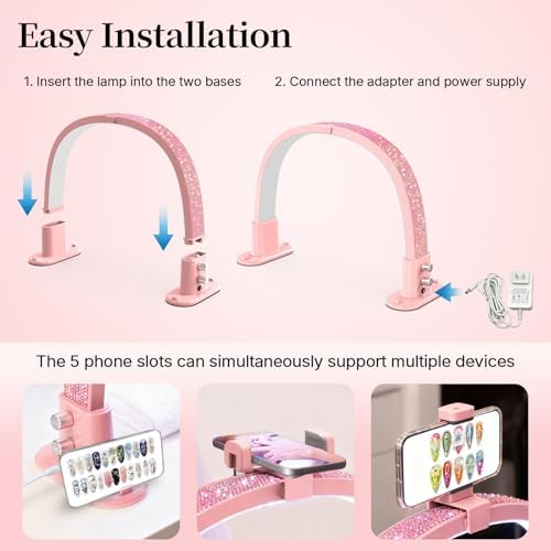 BLUVALL Half Moon Nail Lamp for Desk Portable Nail Desk Lamp with Phone Holder, Stepless Adjustment of Brightness and Color Temperature Desk Lamp for Nail Tech, Eyelash, Tattoo, Makeup (Pink)