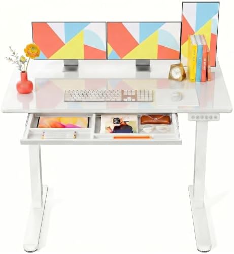 Marsail 55 x 28 inch Glass Standing Desk with 4-Zone Drawer Storage, White
