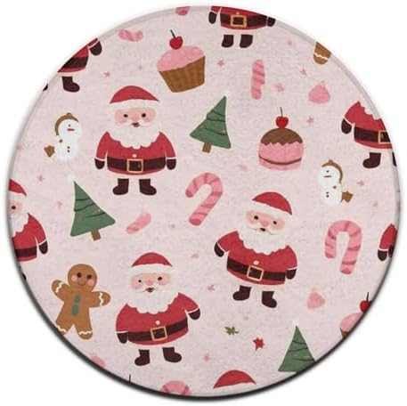 Soft Round Yoga Carpet, Large Home Decor Mat, Non Slip Machine Washable Kitchen Office Circle Rug Pink Santa Claus Christmas
