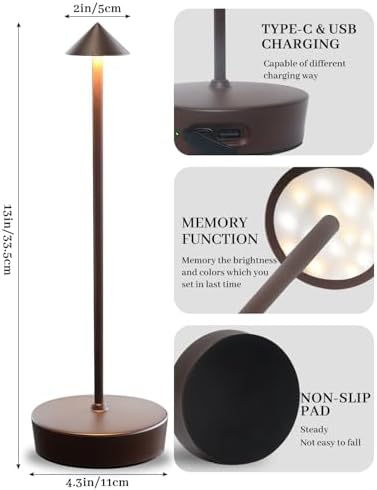 Brown Cordless Rechargeable Table Lamp 7200mAh Portable Touch Control Led Waterproof Brown Table Lamp for Bedroom Reading