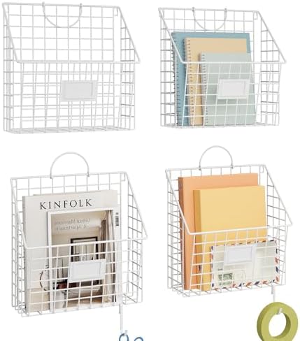 4 Packs Hanging Wall File Organizer with Hooks, Magazine Rack ,Mail Basket