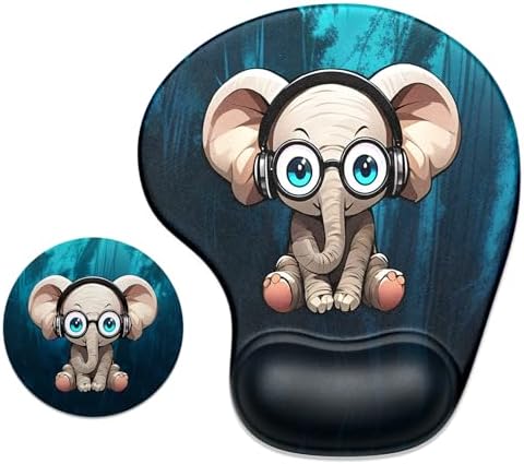 ITNRSIIET Ergonomic Mouse Pad Coaster Set with Gel Wrist Support Wrist Rest Smooth Surface Non-Slip PU Base Comfortable Office Supplies Pain Relief, 9.5 x 8.3 inches, Pretty Elephant