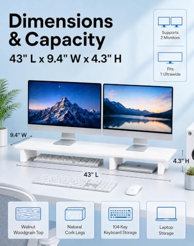 Aothia 43 in White Dual Monitor Stand, Monitor Riser for Desk, Solid Wood