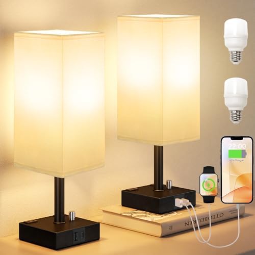 White Bedside Table Lamps Set of 2 - Dimmable, USB C+A, 2 AC Outlets