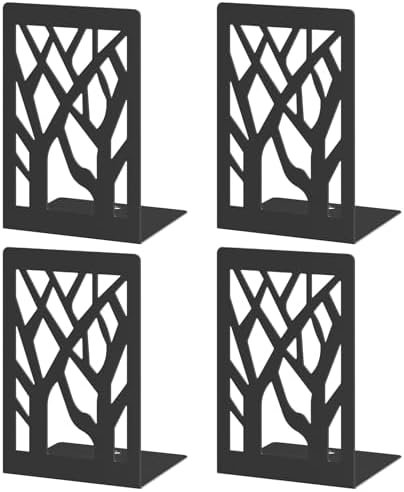 VFINE 4-Piece Modern Metal Bookends for Shelves, Black Tree Book Ends for Books, Decorative Book Organizer for Desk, Non-Skid Shelve Bookends for Home Office