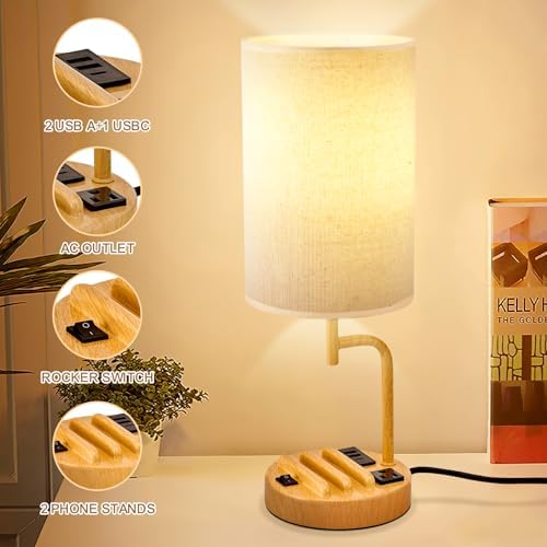 Dreamholder Table Lamp with 3 USB Charging Ports, Modern Desk Lamp with AC Outlet and Phone Stands, Perfect Bedside Lamp for Bedroom, Living Room, Office (Pack of 2)