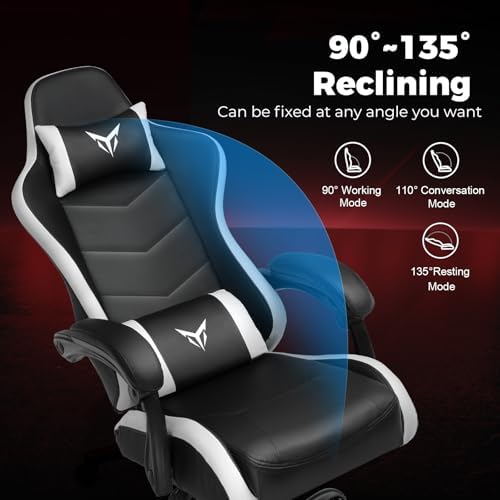 GTPLAYER Gaming Chair, Video Game Chairs Racing Style PC Game Chairs 350lbs for Adults - Padded High Back Ergonomic Reclining Silla Gamer, Linkage Armrest,White
