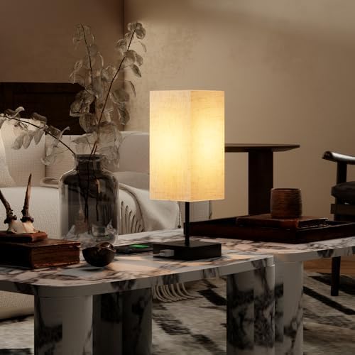 YIDPU Table Lamp for Bedroom,Nightstand Lamp for Bedside with AC Outlets,Adjustable 3color LED Light Desk Lamp for Home Decor,Included Bulb and Lamp Shade (Linen White-onlyAC, 2PCS)