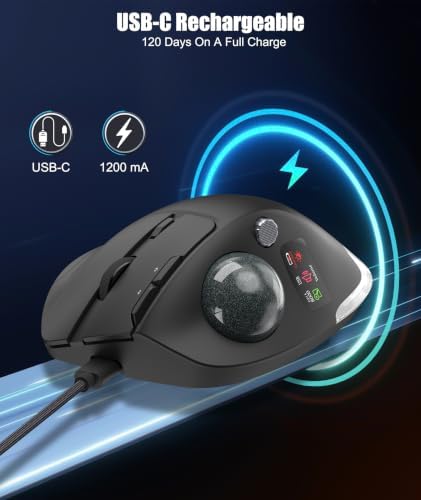 TRELC Wireless Trackball Mouse with Knob Control & LCD Screen, Ergonomic Rechargeable Thumb Control Mice with Tilt Stand, 8000 DPI, Silent Programmable Mouse for 3 Devices, PC, Laptop, Tablet (Black)