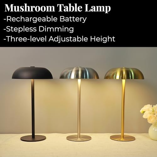 Cordless 11" Mushroom Table Lamp with Dimmable 3 Color, 5200mAh, Black