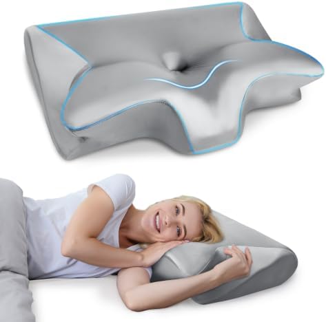 HOMCA Memory Foam Cervical Pillow, 2 in 1 Ergonomic Contour Orthopedic Pillow for Neck Pain, Contoured Support Pillows for Side Back Stomach Sleepers with Satin Pillowcase (Satin Gray)