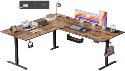 Agilestic 75x61 Inch L Shaped Electric Standing Desk, Corner Workstation, Rustic Brown