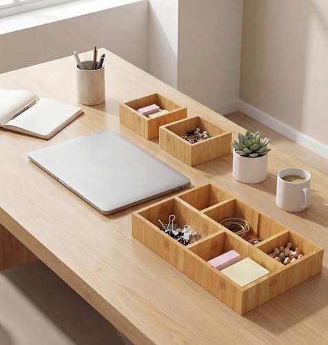 KOCWELL Bamboo Desk Drawer Organizer with Removable Dividers,Multi-Use Office Drawer Organizer Tray,Junk Drawer Organizers for Office,School,Kitchen,Makeup Supply（Original）