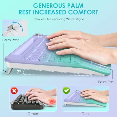 Full-Size Ergonomic Keyboard and Mouse, 2.4GHz Wireless Keyboard and Vertical Mouse with Tablet Phone Holder, Wrist Rest for Computer Mac PC Laptop Chromebook, Greenpurple