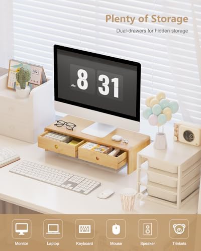 Ufine Bamboo Monitor Stand with 2 Drawers & Keyboard Storage