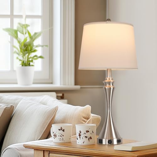 Living Room Deek Lamp Bedroom Table Lamp Set of 2,3 Way Dimmable Led Light Modern Industrial Table Lamps Sand Nickel Metal,USB Type A+C&Outlet, Linen Lampshade,Bulb*2