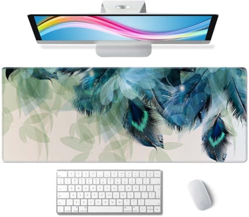 Large Gaming Mouse Pad with Stitched Edges, Desk Pad Extended Keyboard Mat, Non-Slip Rubber Base Mousepads for Laptop, Office, Home, 31.5X11.8 inch Watercolor Peacock Feather
