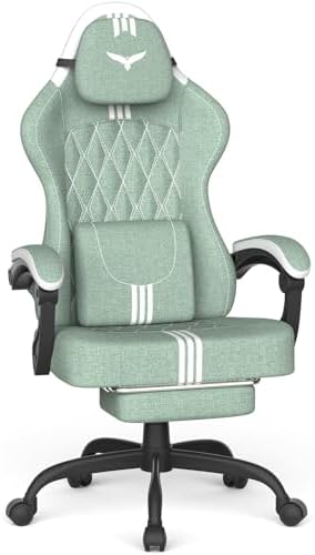 Ferghana Cotton Fabric Gaming Chair – Wider Seat Cushion, Diamond Double-Stitching, Ergonomic High Back with Footrest, Computer Gamer Chair Featuring Massage Lumbar Support for Adults (Green/White)