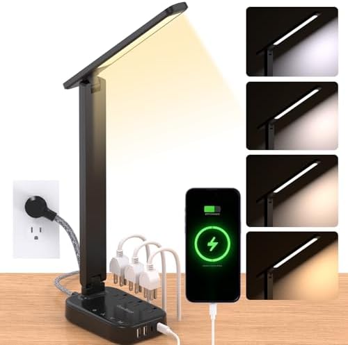 LED Desk Lamp, 10Ft Power Strip with 3 Outlets 4 USB Ports(2 USB C), Black