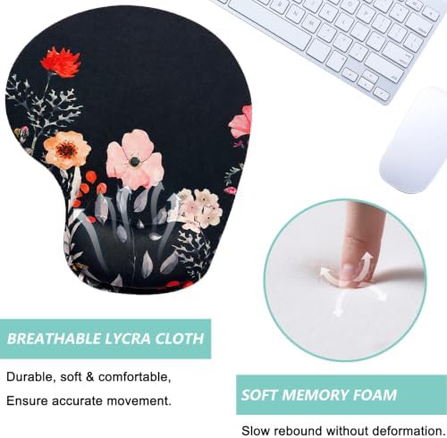 Mouse Pad with Wrist Support, Ergonomic Mouse Pads with Memory Foam Wrist Rest, Easy Typing Pain Relief, Comfortable Home Office Computer Wrist Support Pads for Working Studying Gaming, Flower Black