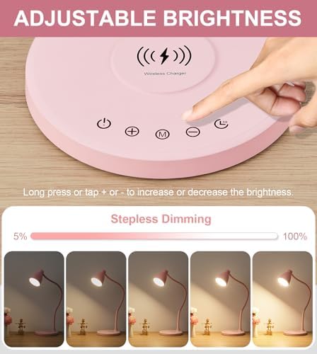BOHON Cute Desk Lamp for Home Office with USB C+A Charging Port Timer Pink