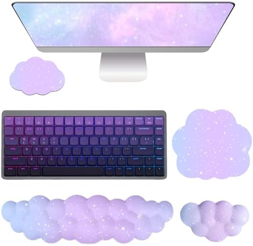 Cloud Mouse Pad Keyboard Wrist Rest for Mouse 4PCS Mini Small Starry Sky Galaxy Desk Mat Pad Set Memory Foam Non-Slip Cute Ergonomic Gaming Mouse Wrist Support for Computer Home Office Purple Blue