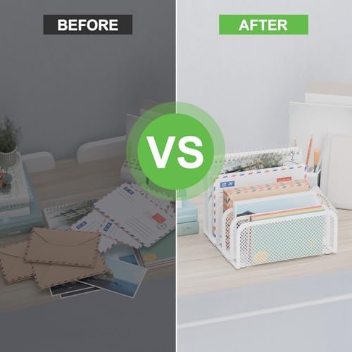 Mail Organizer Countertop 2 Pack, Metal File Holder with 5-Slot, Small Desk File Organizer for Letter, Bill, Mail Sorter, Desktop Letter Folder Holders for Office, Home, School (White)