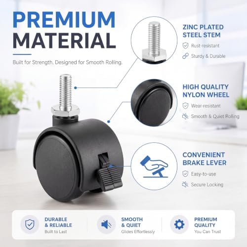 BBTO 8 Pcs 1 Inch M6 Swivel Stem Casters Wheels Replacement, M6 Threaded Stem Caster with Brake, Heavy Duty 360° Standing Desk Wheels, No Noise, Black Nylon, for Cart Furniture Table Cabinet Shelf