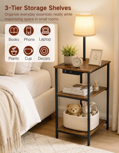 Side Table with Light & Charging Station, 3-Tier Narrow End Table