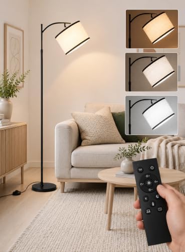 BySea Dimmable Arc Floor Lamp, Adjustable Over Couch Lamp, Remote Control