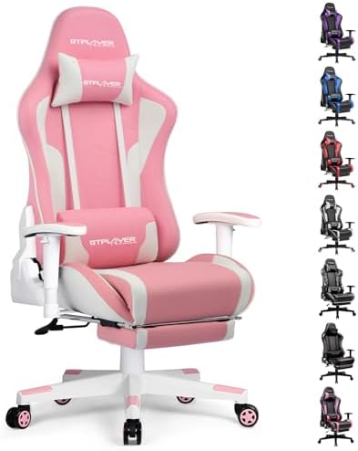 GTPLAYER Gaming Chair with Footrest Speakers Video Game Chair Bluetooth Music Heavy Duty Ergonomic Computer Office Desk Chair (Pink)