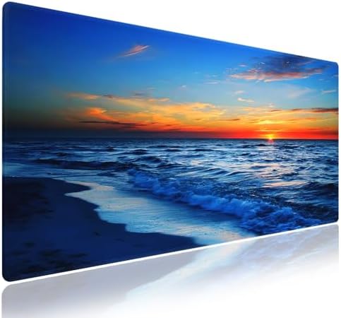 Sunset Glow Over The Blue Ocean Large Mouse Pad, Sea Wave Scene Desk Mat