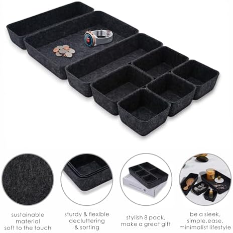 Welaxy Minimalist Felt Desk Drawer Organizer 8-Piece Charcoal Storage Bins