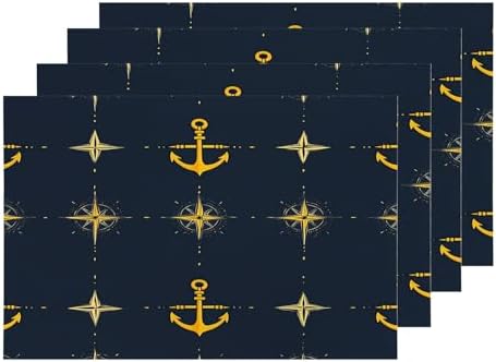 Shrahala Maritime Sea Sailing Symbols Set of 4 12 X 18 Inch Linen Placemats, Navy Blue Nautical Seamless Pattern Burlap Table Mat Washable Double Layered Heat Insulation for Indoor/Outdoor