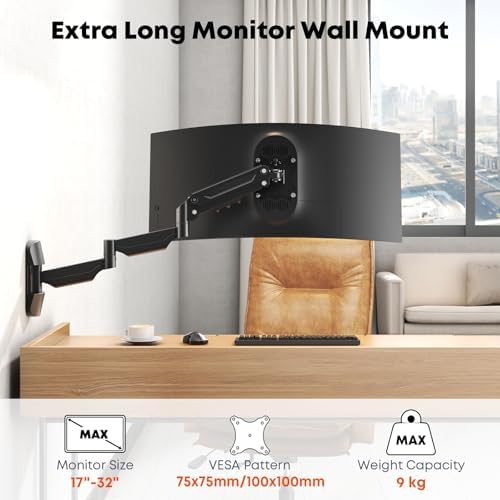 Monitor Wall Mount for 17''-32''-inch Screens - 30.28'' Extra Long Single Wall Mount Monitor Arm, Full Motion VESA Wall Bracket,75/100mm, Hold up to 19.8lbs, Black
