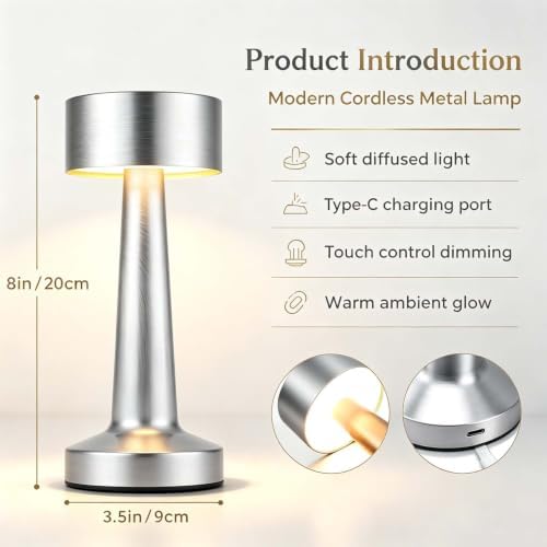 HPUFKOT Portable LED Table Lamp, 3-Levels Brightness Metal Desk Lamp,3 Color Touch Control Rechargeable Lamp, Ideal Bedside Lamp for Nightstand,Bedroom, Living Room (Silver)