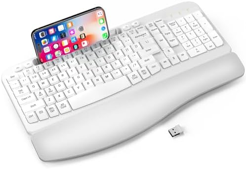 EAYBLLY 2.4G Wireless Ergonomic Keyboard, Full Size Wave Keys with Memory Foam Wrist Rest & 7.28in Phone Holder, USB-C Adapter Included for Windows Mac Chrome OS, Office or Home (White)