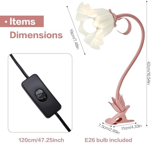 Clip On Light and Flower Bedside Table Lamp, Flexible Gooseneck Reading Book Light with 3 Color Modes, Night Light for Kids Nursery, Clip on for Desk, Bed Headboard, Dorm (Pink)