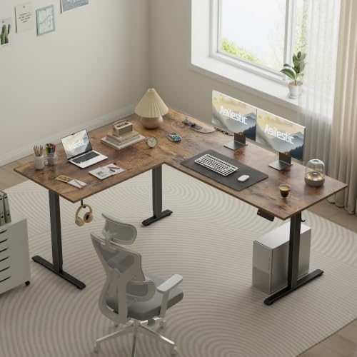 63 Inch L Shaped Electric Standing Desk, Corner Workstation, Rustic Brown