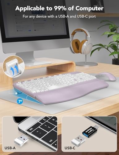 SABLUTE Purple Ergonomic Keyboard and Vertical Mouse Bundle, Wireless Wave Keyboard(2 AA Batteries powered) with Cushioned Wrist Rest and Rechargeable Vertical Mouse, Aesthetic Desk Setup for Home Off