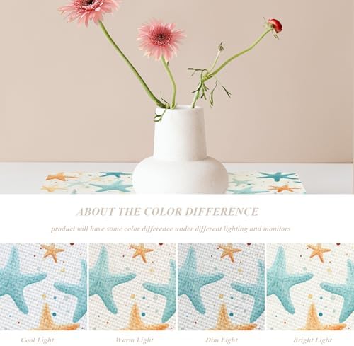 Shrahala Starfish Pattern Set of 4 12 X 18 Inch Linen Placemats, Sea Themed Illustration Burlap Table Mat Washable Double Layered Heat Insulation for Indoor/Outdoor